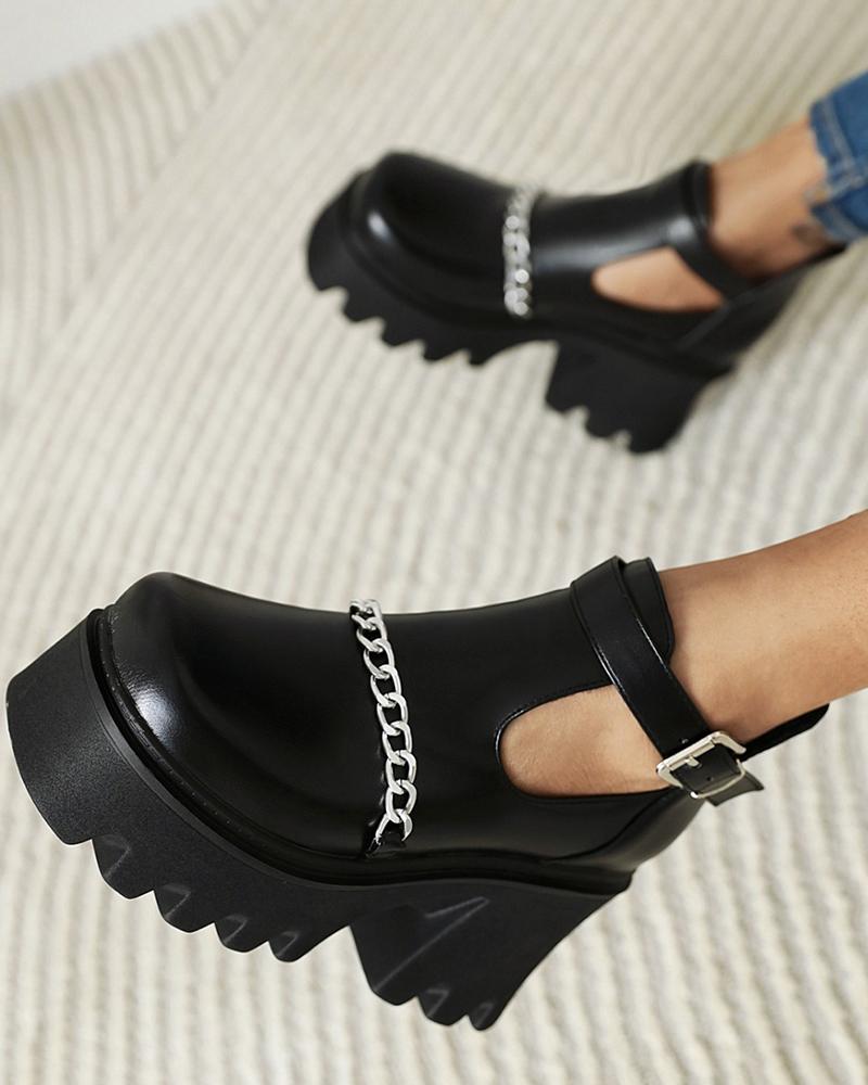

Solid Color Square Toe Hollow-out Platform Boots, Black