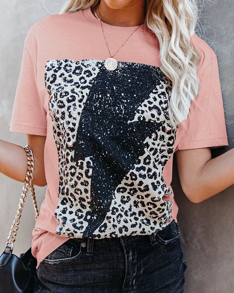 

Flash & Leopard Print Short Sleeve Loose T-shirts, Pink