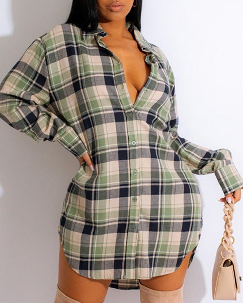 

Plaid Print Long Sleeve Button Down Shirt Dress, Light green