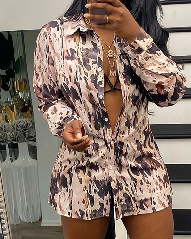 

Camouflage Pattern Print Button Front Shirt Dress, Brown