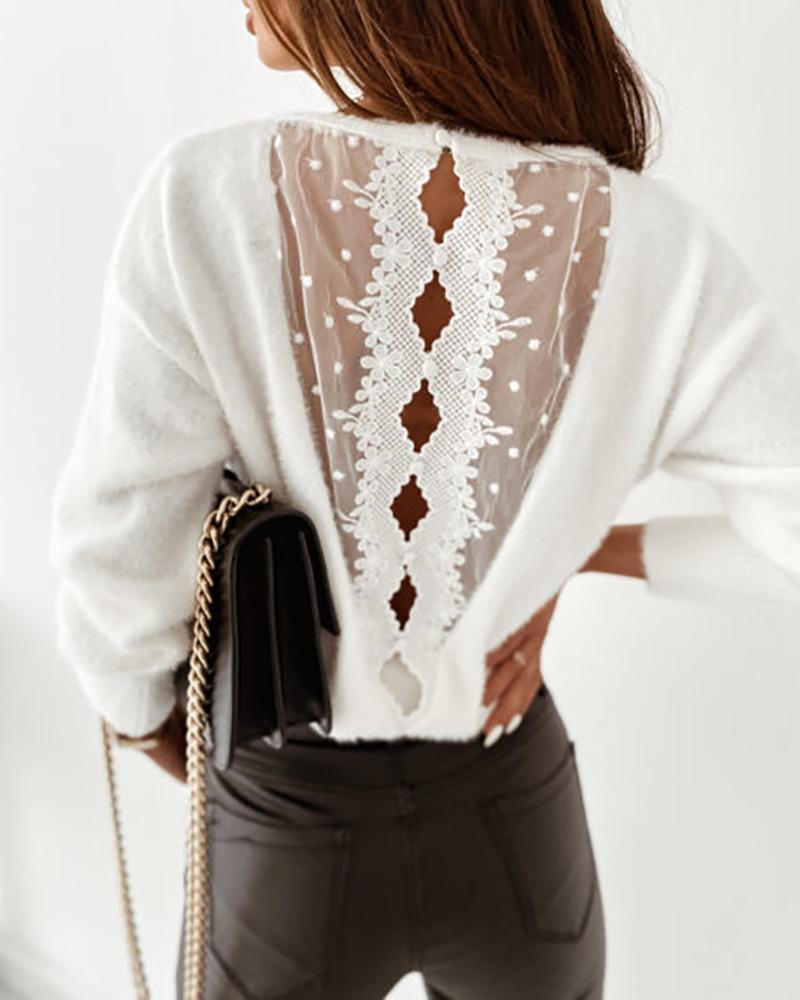 

Fuzzy Dot Mesh Lace Cutout Knit Sweater, White