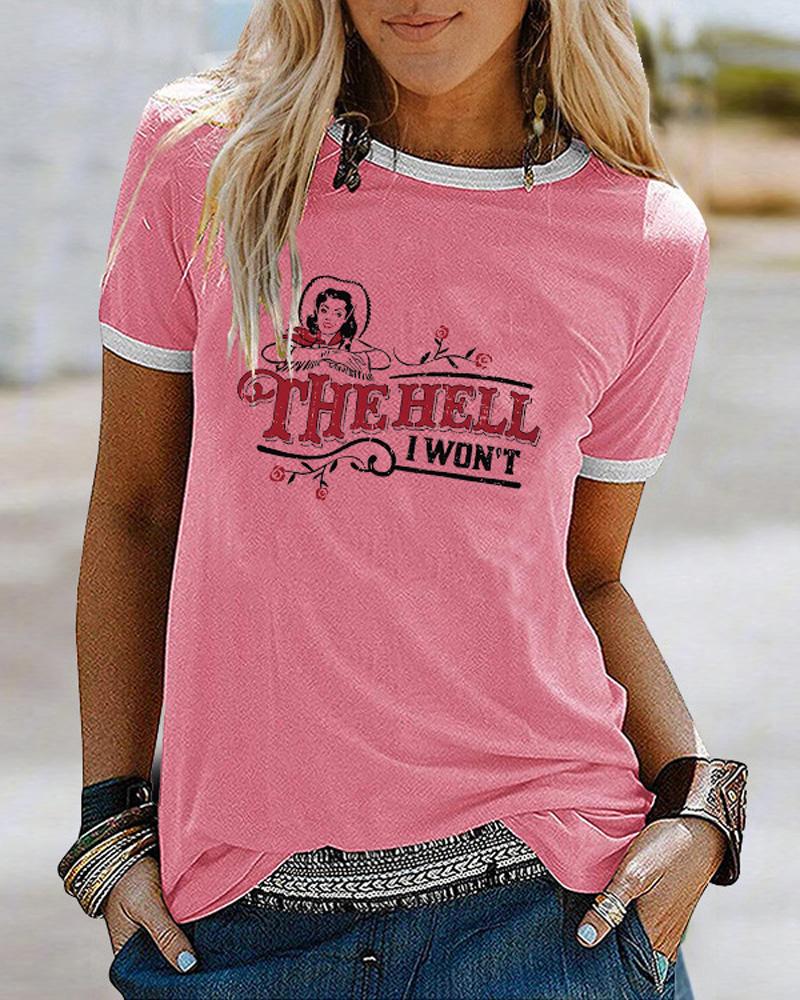 

Letter Figure Print Contrast Binding Casual T-shirt, Pink