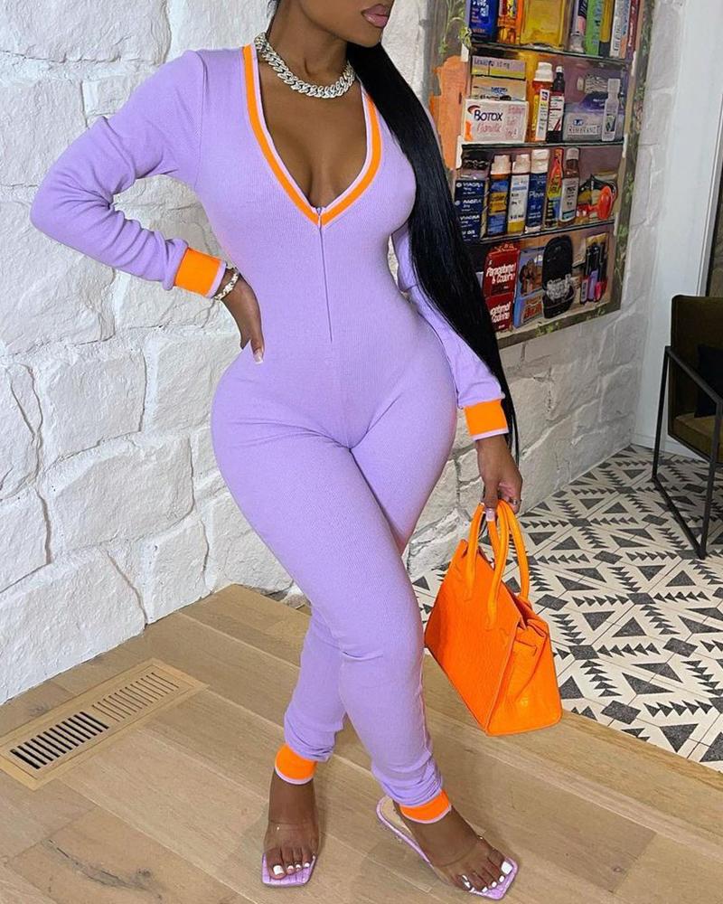 

Colorblock Zipper Design Skinny Jumpsuit, Purple