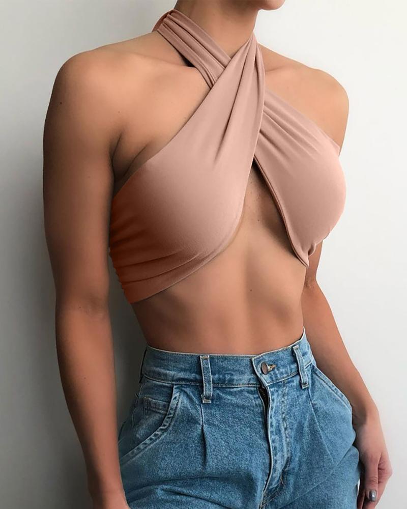 

Ruched Halter Cross Front Crop Top, Khaki