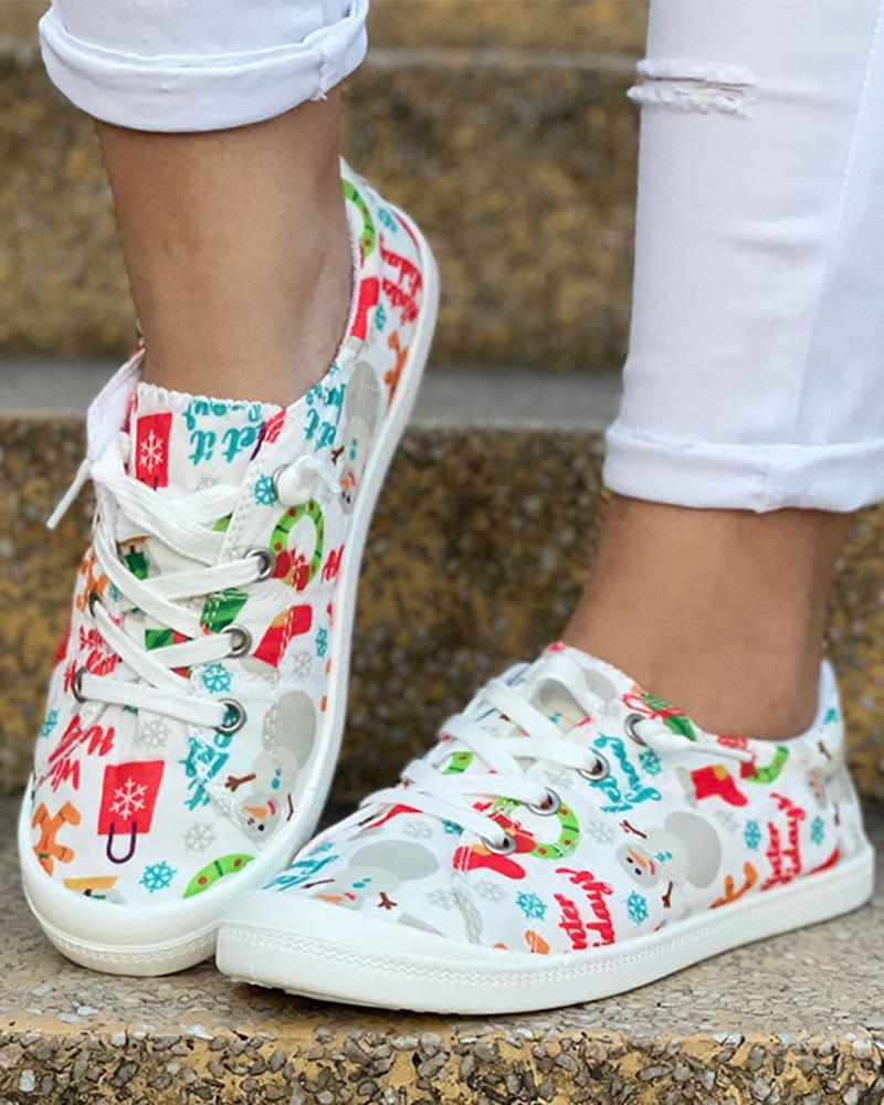 

Christmas Graphic Print Lace-up Canvas Slip-On, White&red