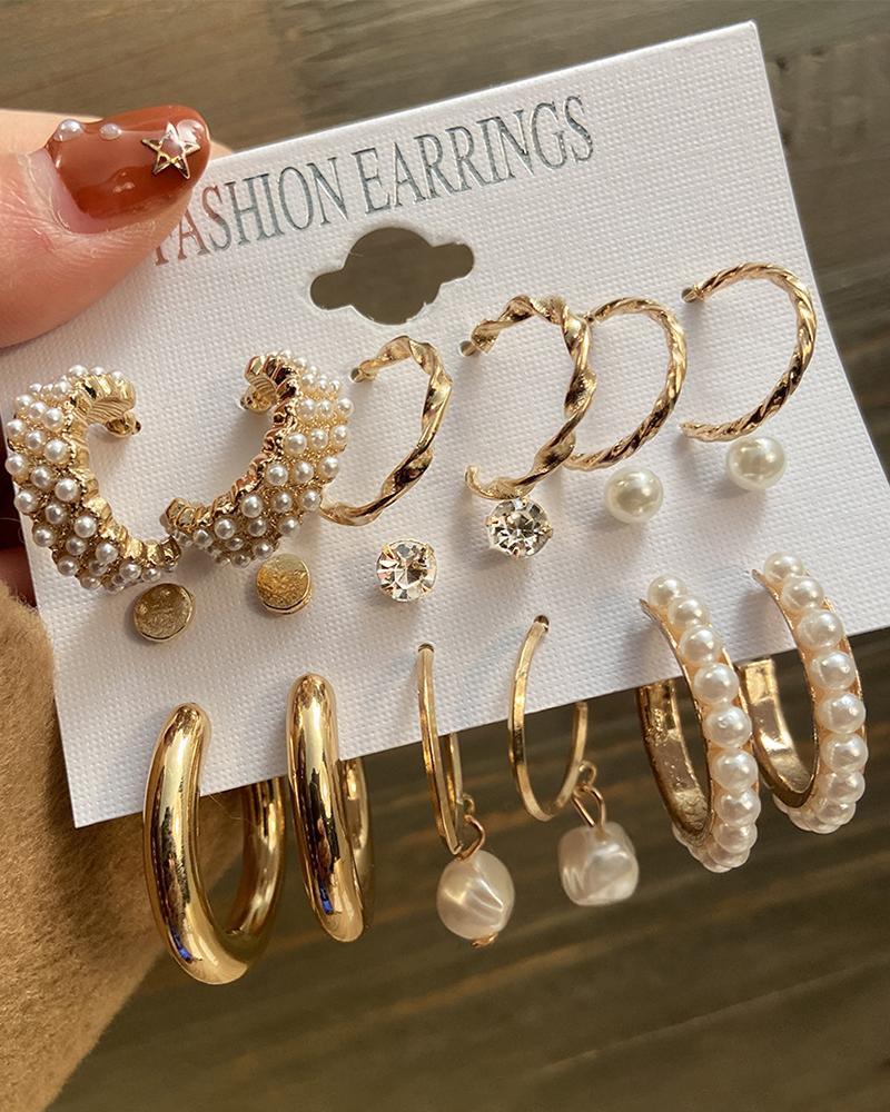 

6Pairs Beaded Pearls Rhinestone Geometric Hoop Earrings Set, Gold