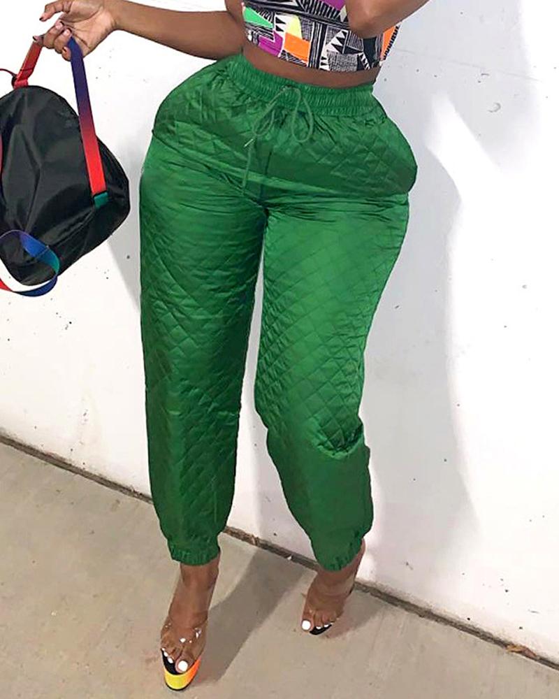 

Quilted Drawstring Waist Cuffed Pants, Green