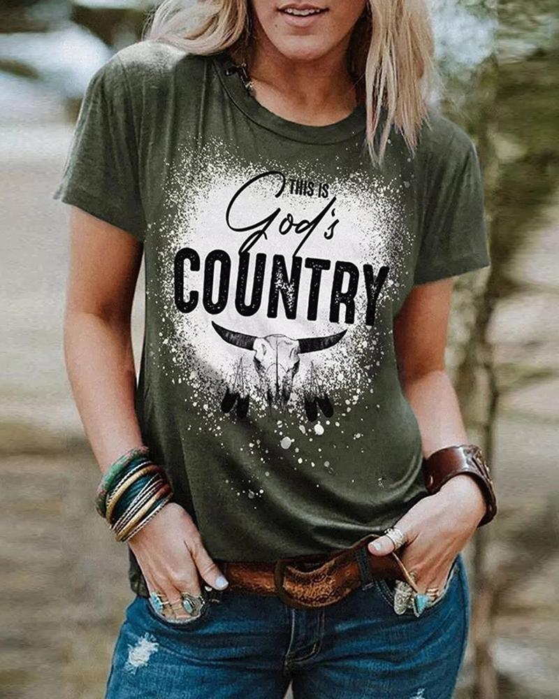 

This Is God's Country Steer Skull Print T-shirt Western Country Music Graphic Tee, Green