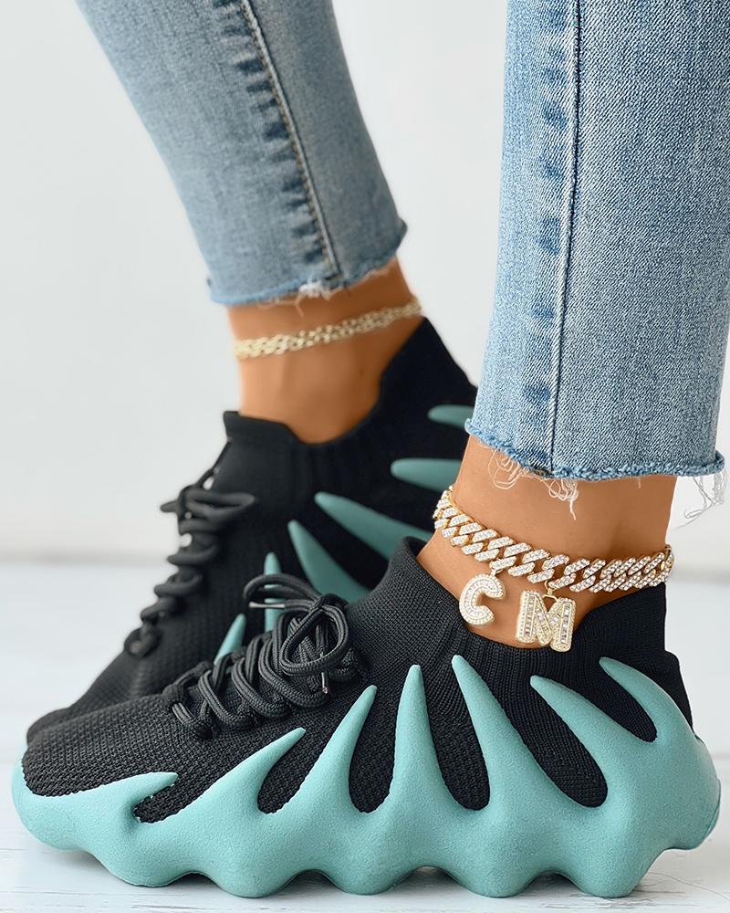 

Contrast Paneled Lace-up Knit Octopus Sneakers, Blue