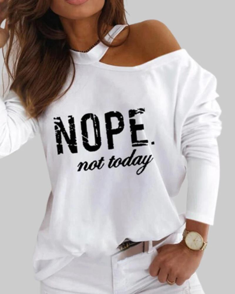 

Cold Shoulder Letter Print Long Sleeve Top, White
