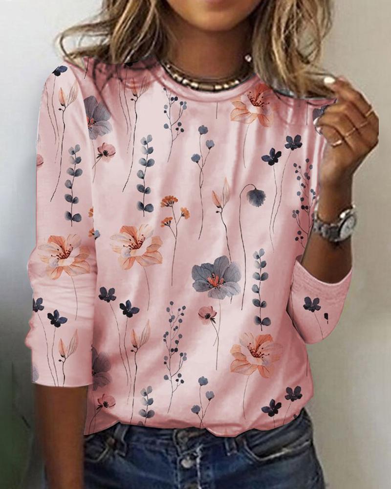 

Floral Print Round Neck Top, Pink
