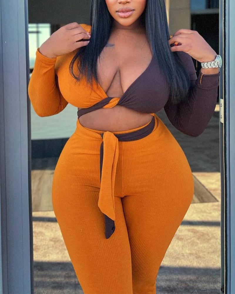 

Plus Size Colorblock Tied Detail Crop Top & Pants Set, Orange