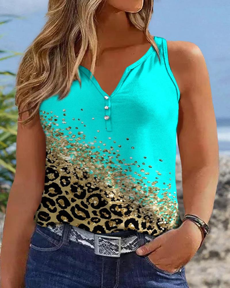 

Plus Size Contrast Leopard Print Notch Neck Tank Top, Blue