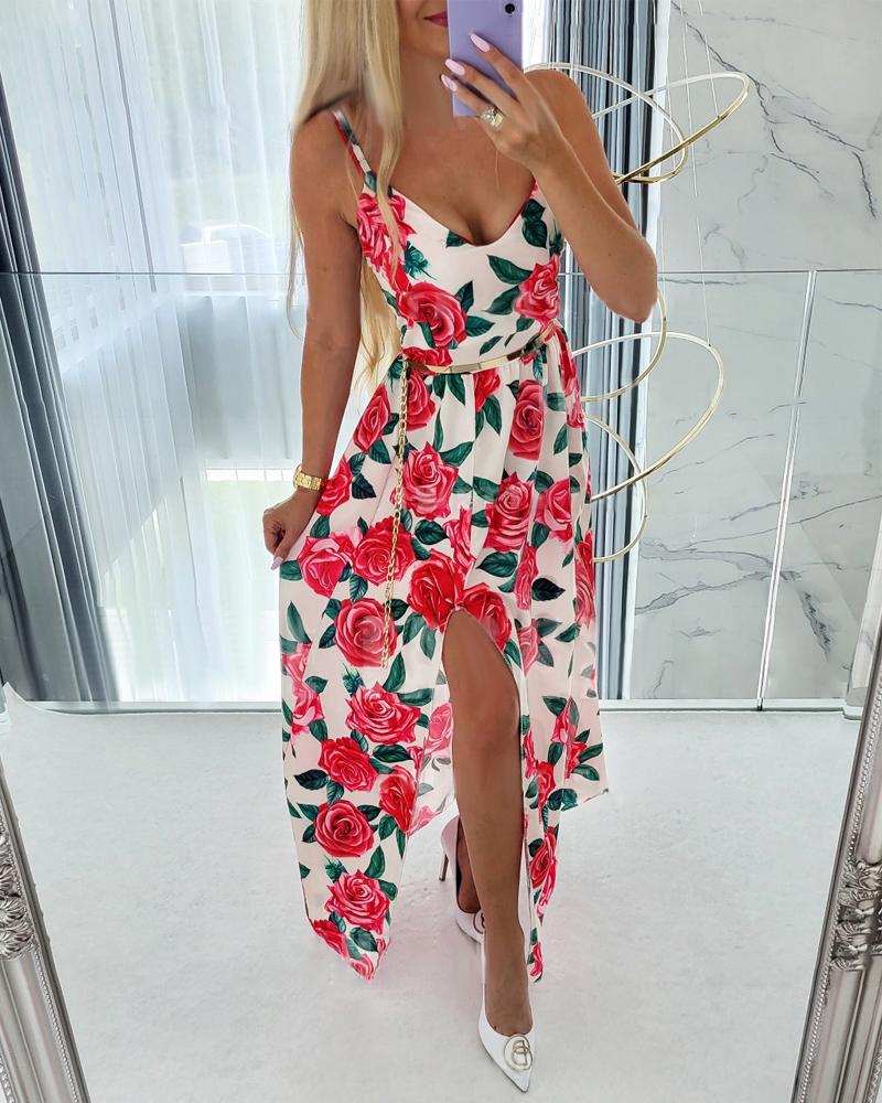 

Floral Print V-Neck Split Thigh Maxi Dress, Beige
