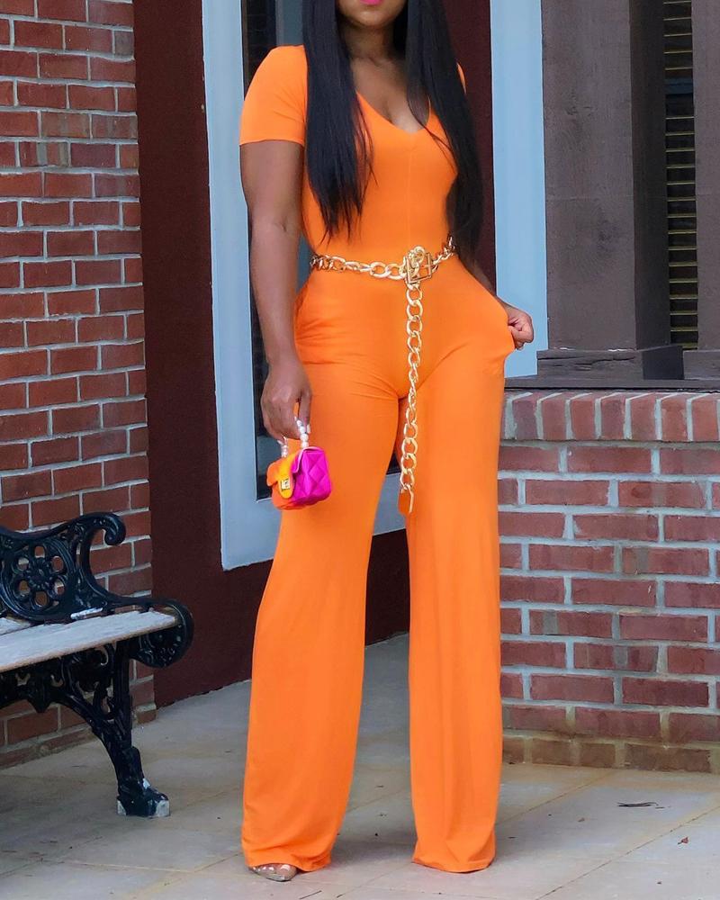 

Plain Short Sleeve V-Neck Jumpsuit, Orange