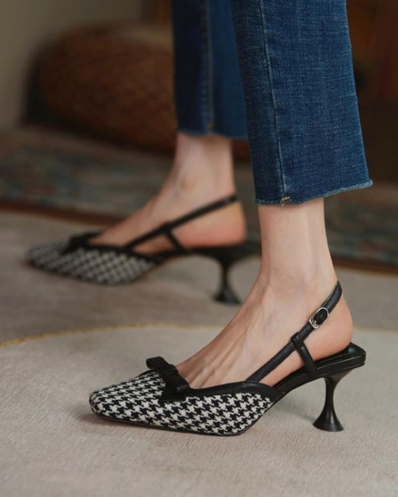 

Houndstooth Bowknot Pointed-toe High Heel Sandals, Black