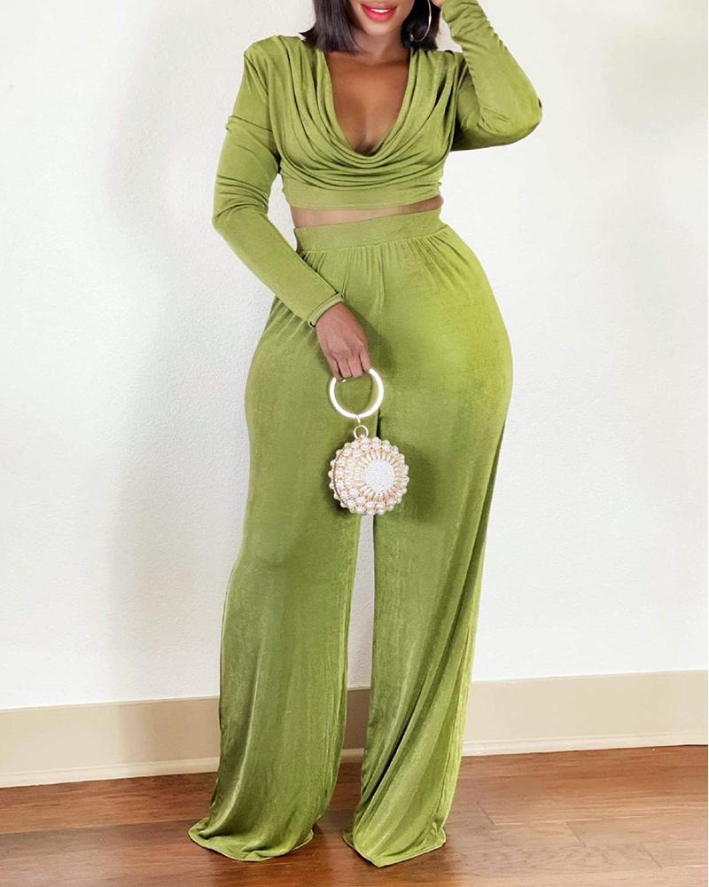 

Velvet Lace-up Cowl Neck Top & Wide Leg Pants Set, Green
