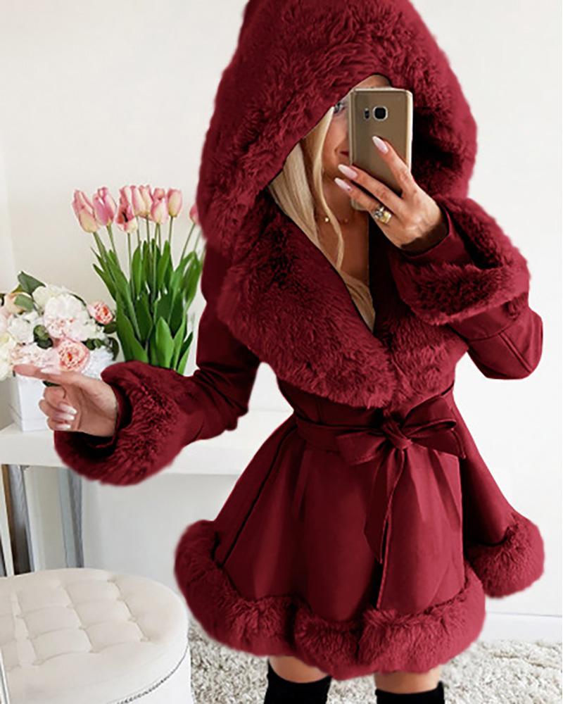 

PU Leather Faux Fur Patch Ruffles Hooded Coat With Belt, Wine red