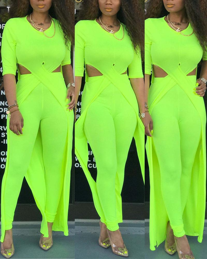 

Cutout Slit Longline Top & Pants Set, Green