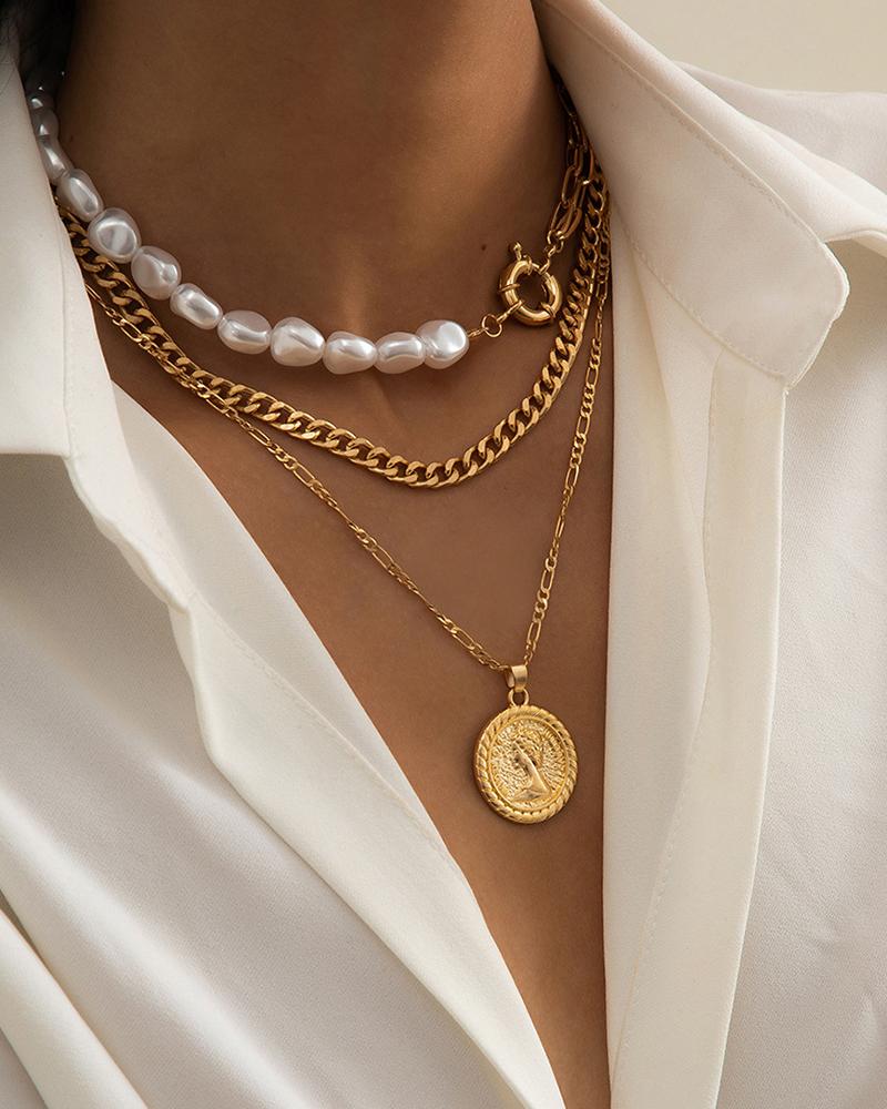 

3PCS Faux Pearl Ancient Figure Disc Necklace, Gold
