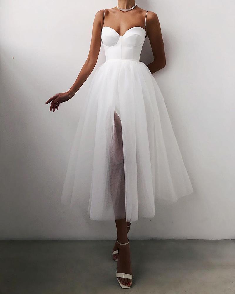 

Spaghetti Strap Plain Sheer Mesh Evening Dress, White