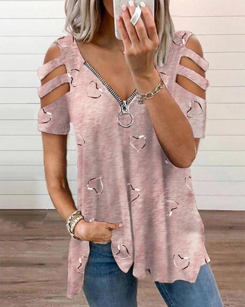 

Heart Print Ladder Cutout Cold Shoulder Top, Pink