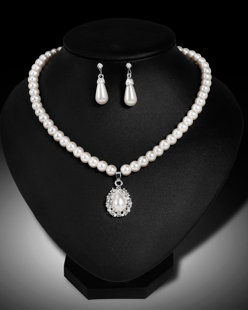

Pearls Rhinestone Drop Earrings & Pendant Necklace Jewelry Set, Silver