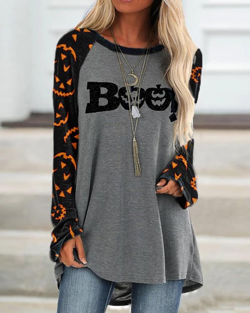 

Halloween Pumpkin Letter Print Casual Top, Gray