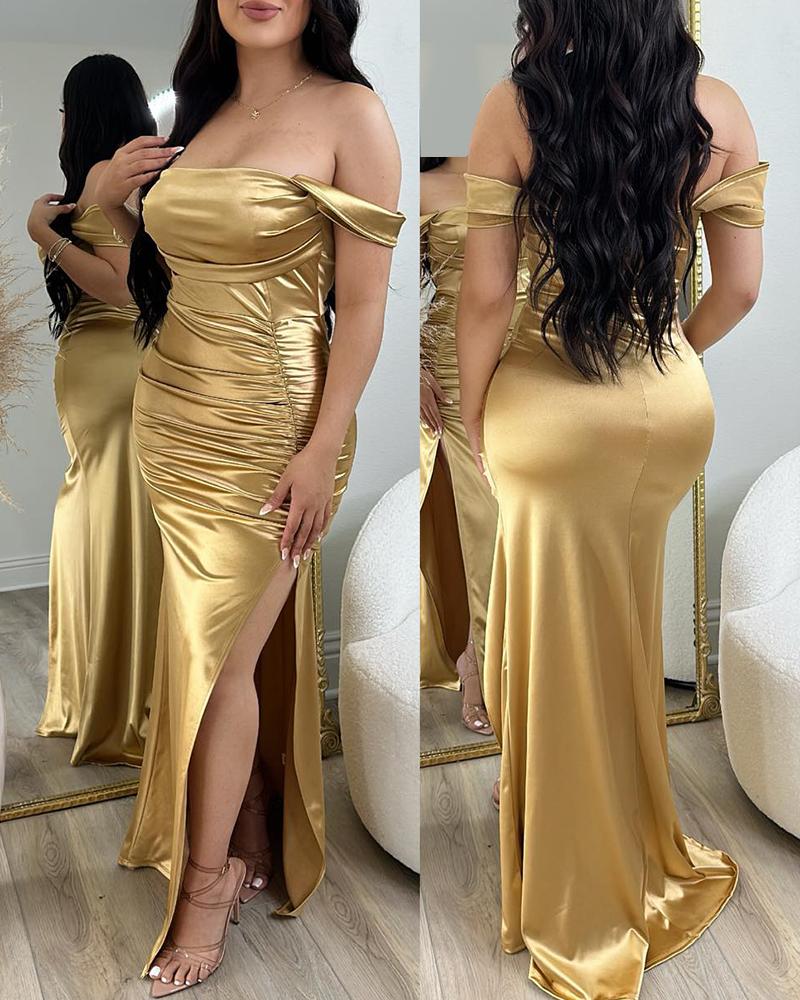 

Off Shoulder Metallic Ruched Slit Evening Dress, Gold
