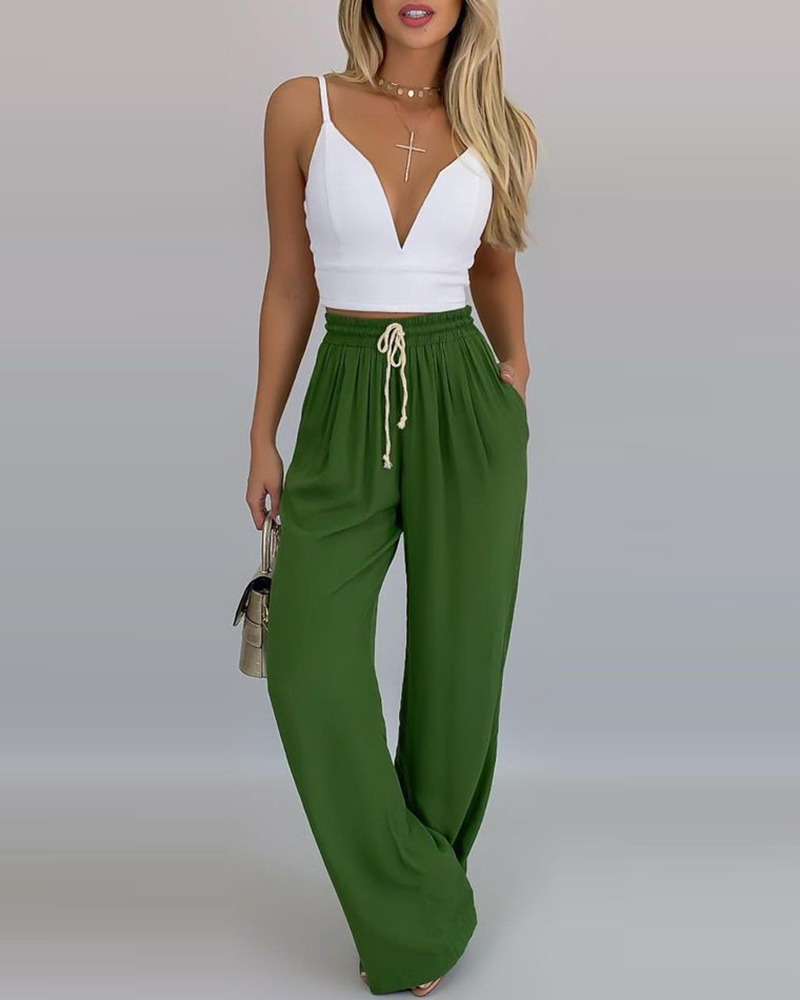 

Plunge Top & High Waist Pockets Pants Set, Green