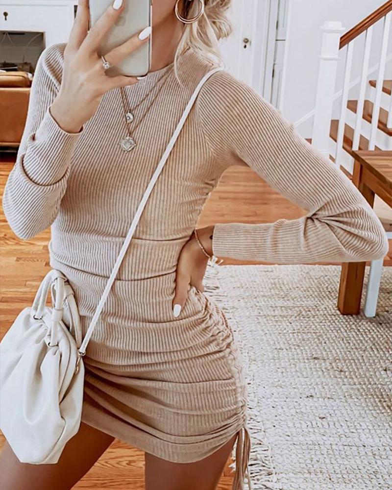 

Solid Long Sleeve Skinny Ruched Bodycon Mini Women Dress, Apricot