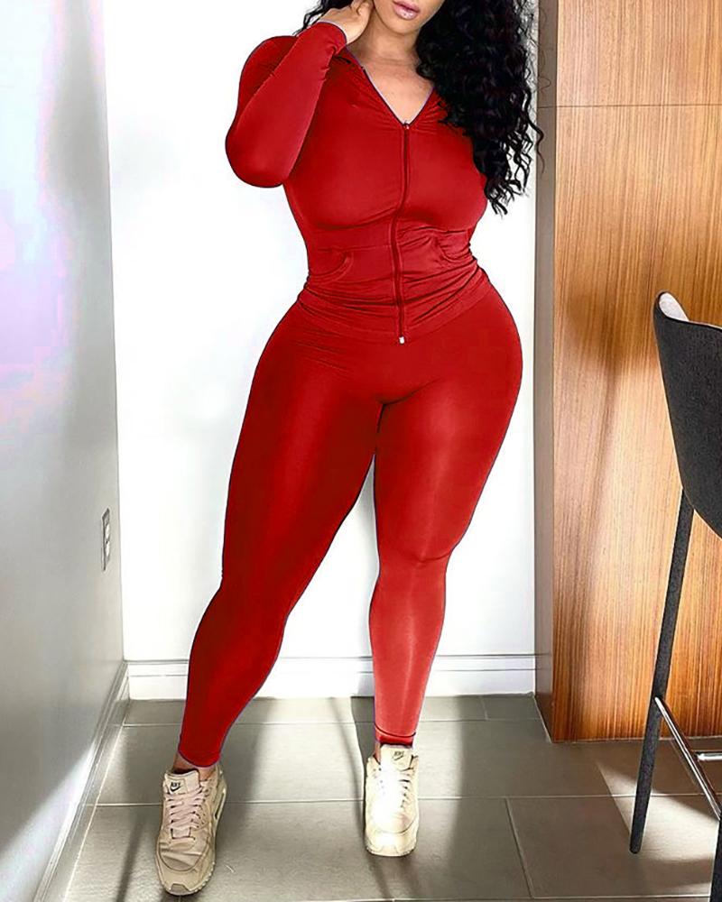 

Zip Front Ruched Butt Lifting Hooded Active Sets, Red