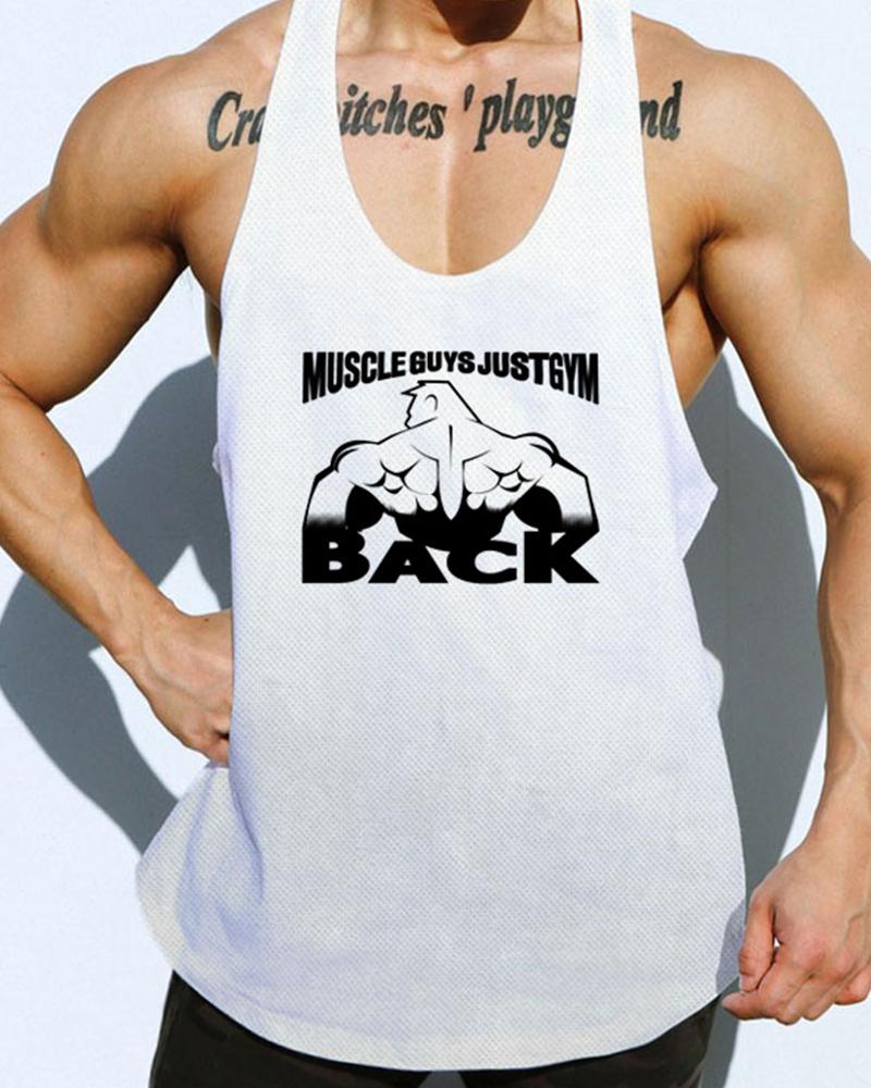 

Cartoon & Letter Print Sleeveless Sport Tank, White