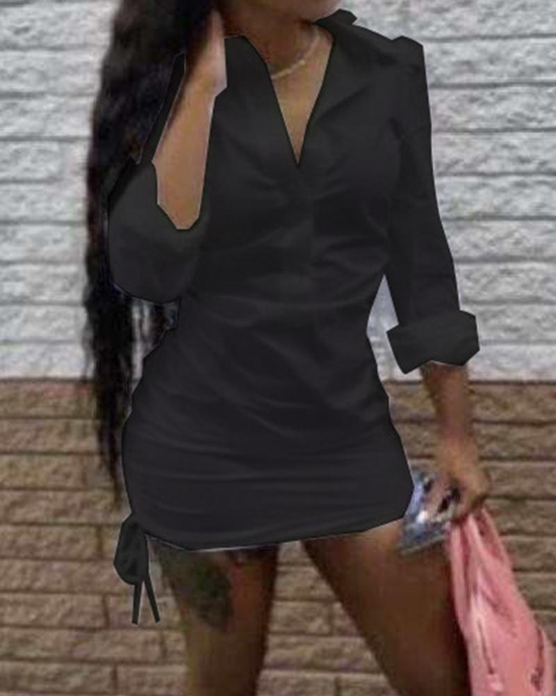 

Plain V-Neck Long Sleeve Drawstring Shirt Dress, Black