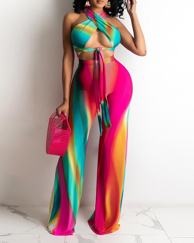 

Halter Colorblock / Cheetah / Butterfly Print Crop Top & Pants Set, Hot pink