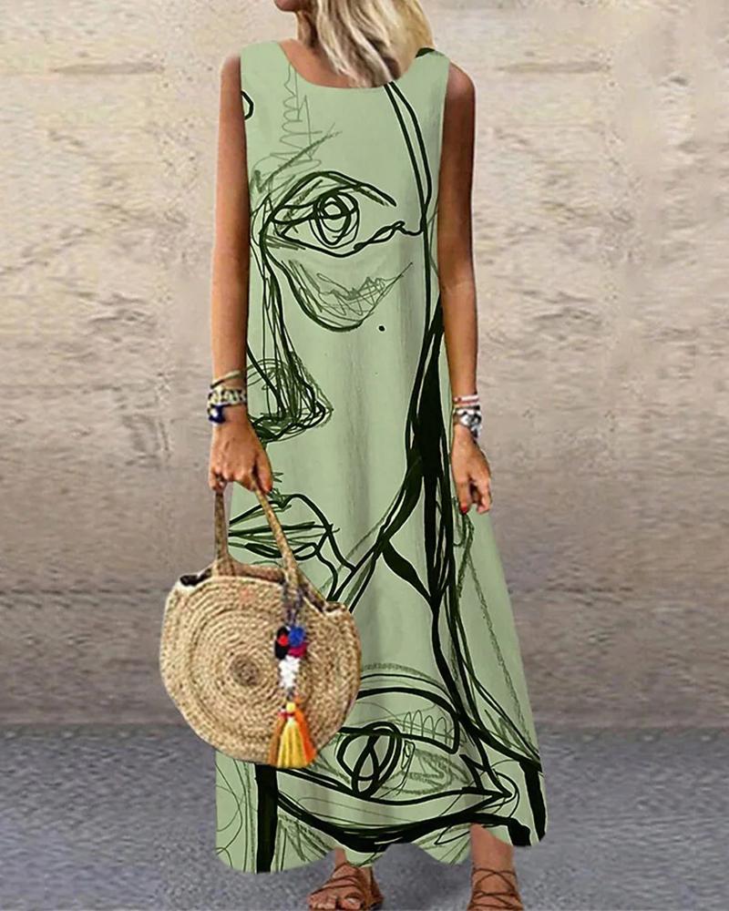 

Figure Print Casual Maxi Dress, Green