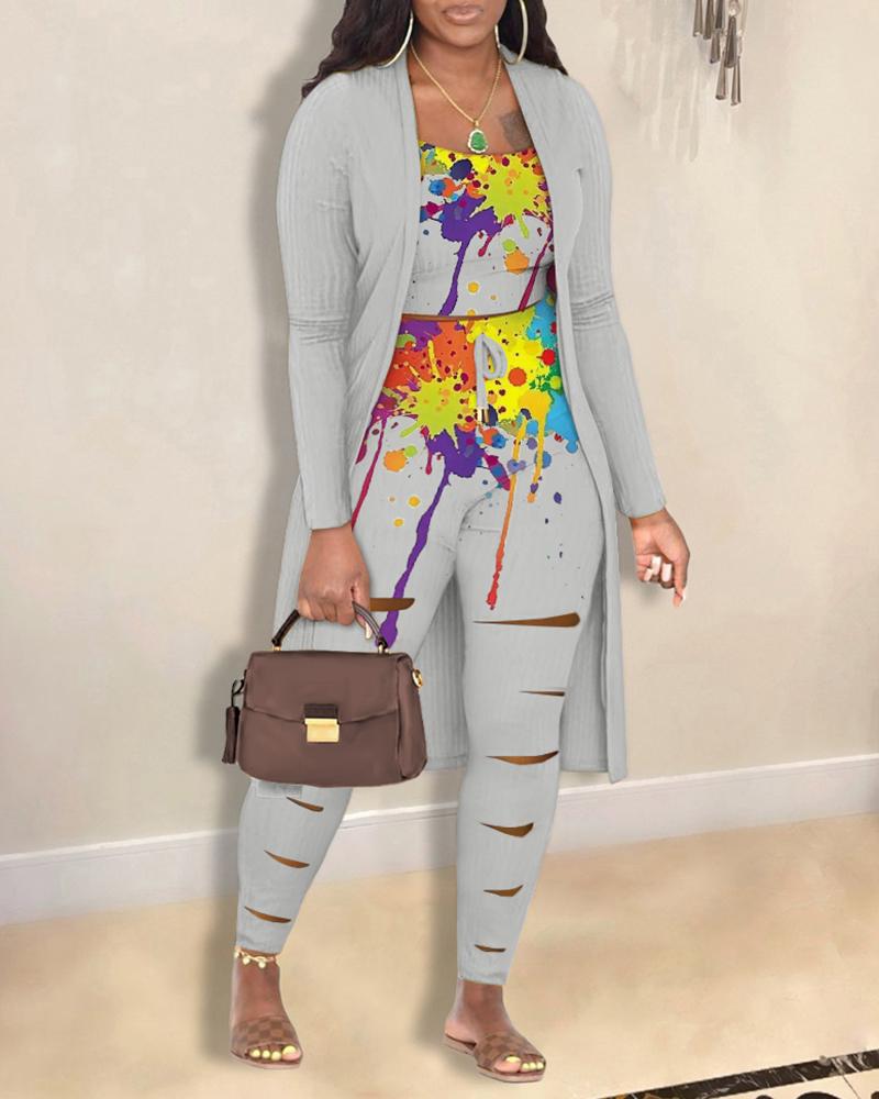 

3PCS Ink Splash Print Ribbed Cami Top & Cutout Pants Set With Coat, Gray