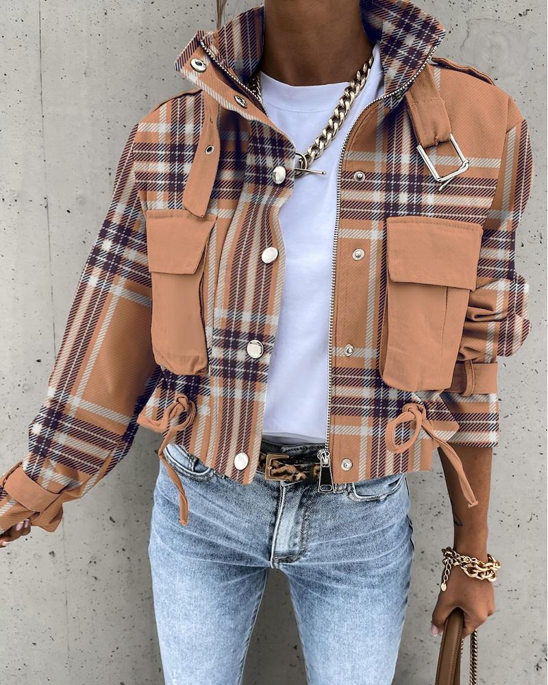 

Plaid Print Pocket Design Biker Jacket, Khaki
