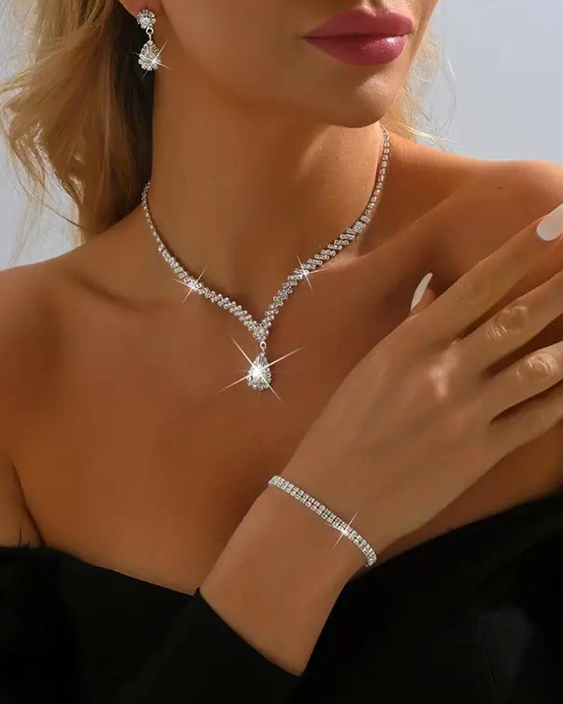 

3PCS Rhinestone Decor Waterdrop Pendant Necklace & Drop Earrings & Bracelet Wedding Bridal Gift Jewelry Set, Style2