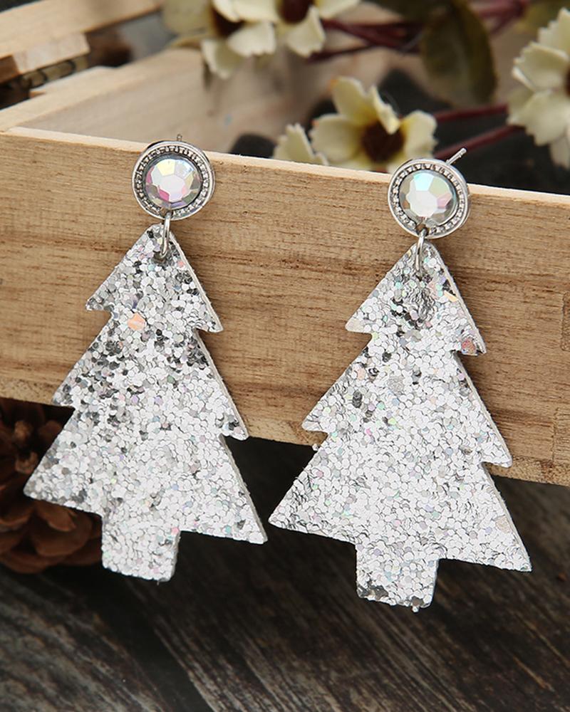 

1Pair Christmas Tree Shaped Rhinestone Sequin Drop Earrings, Silver