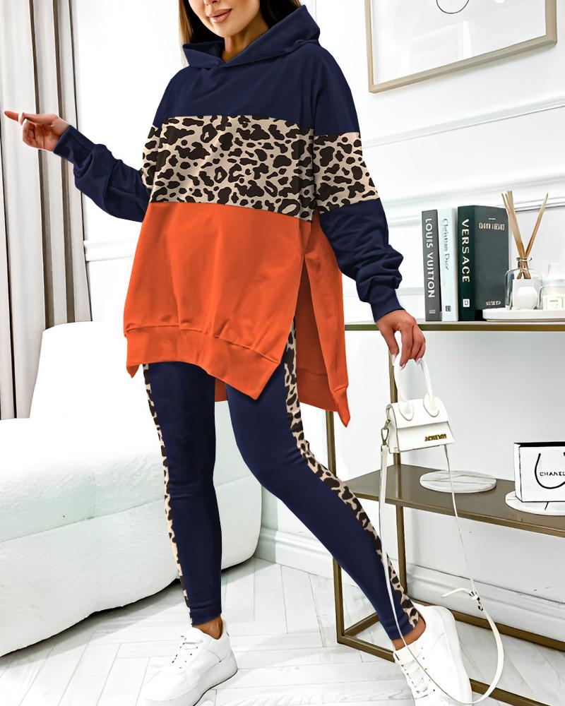 

Leopard Print Colorblock Slit Hooded Sweatshirt & Sweatpants Set, Dark blue