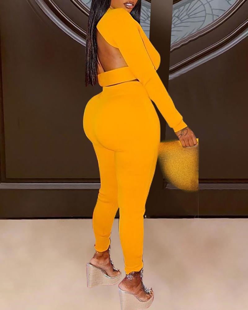 

Long Sleeve Cutout Top & High Waist Pants Set, Yellow