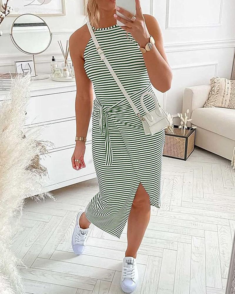 

Striped Print Tied Detail Sleeveless Casual Dress, Green