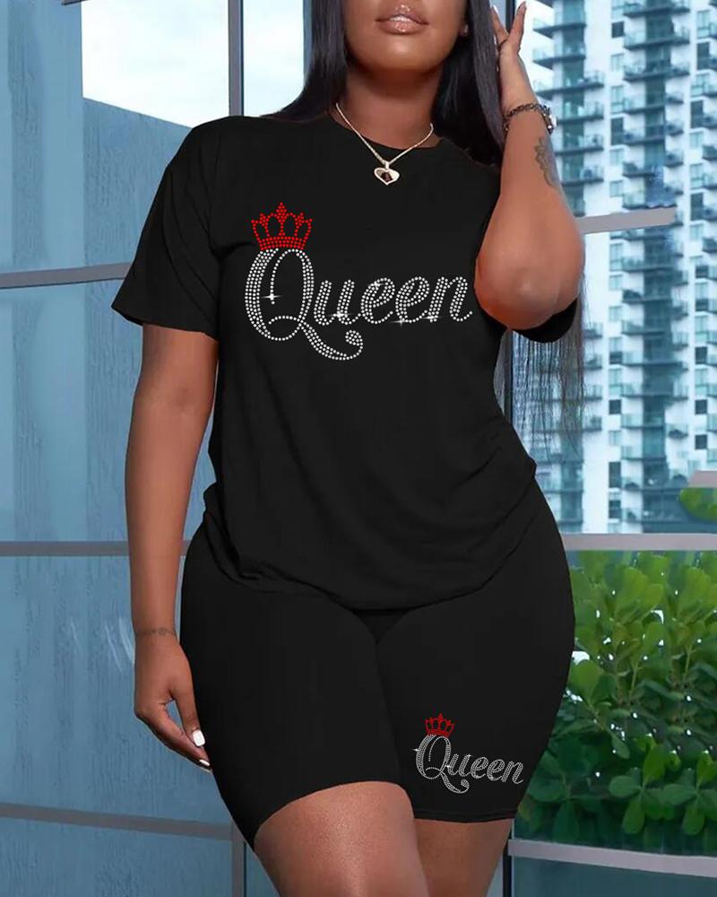 

Letter Crown Pattern Rhinestone T-shirt & Shorts Set, Black