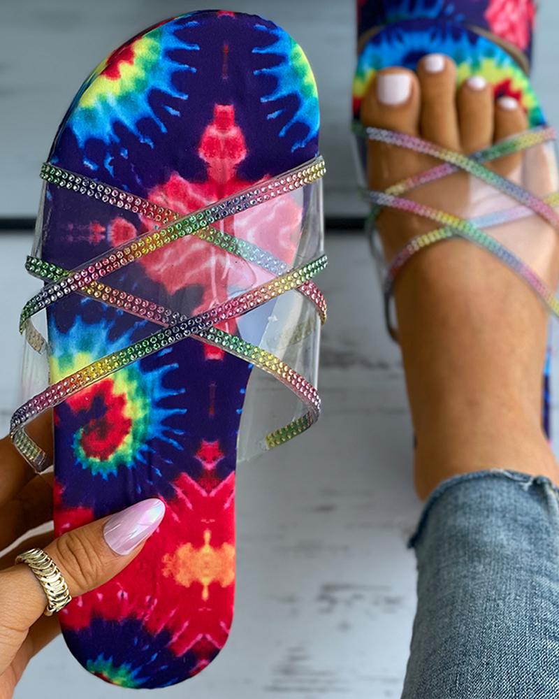 

Tie Dye Print Clear Perspex Rhinestone Flatform Slippers, Multicolor