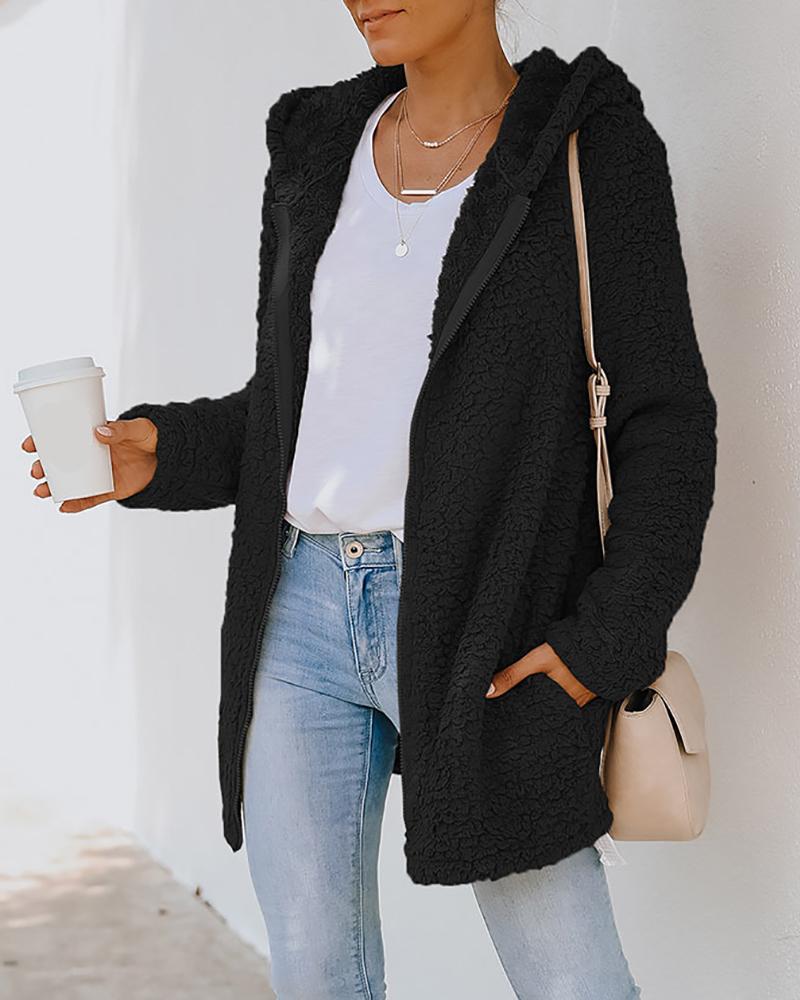 

Pocket Zipper Design Long Sleeve Fluffy Hooded Coat, Black