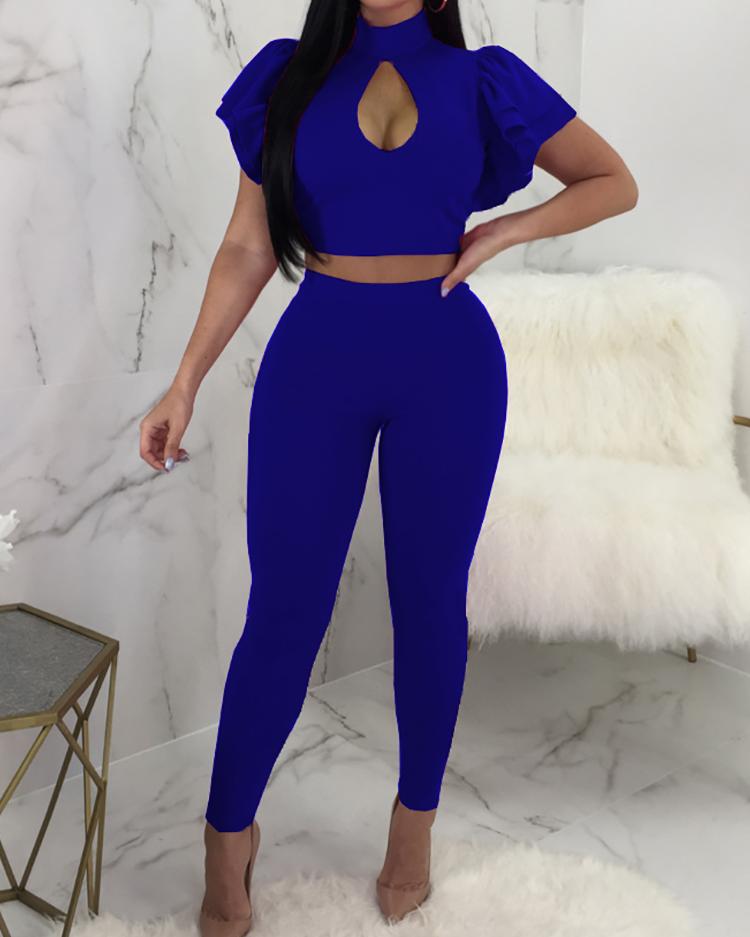 

Flutter Sleeve Keyhole Neck Cropped Pants Set, Blue