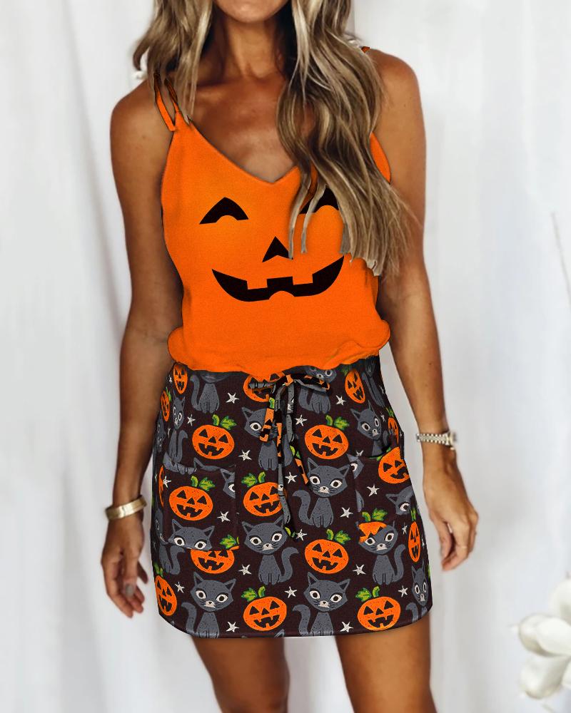 

Halloween Pumpkin Print Tied Detail Casual Dress, Orange