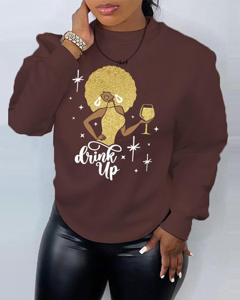 

Plus Size Figure Letter Print Long Sleeve Sweatshirt, Coffee