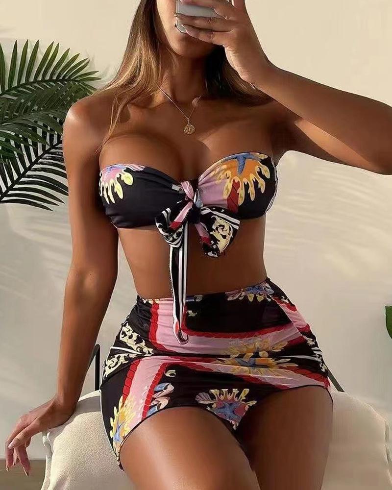 

4PCS Scarf Print Tied Detail Bandeau Bikini Set With Cover Up, Black